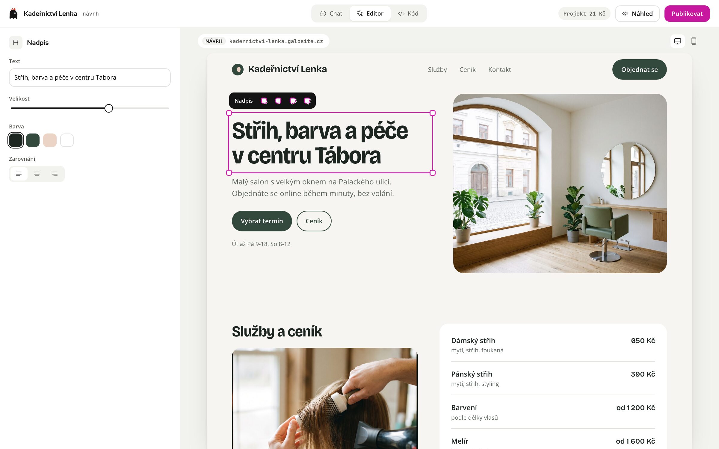 Galosite visual editor with a selected heading