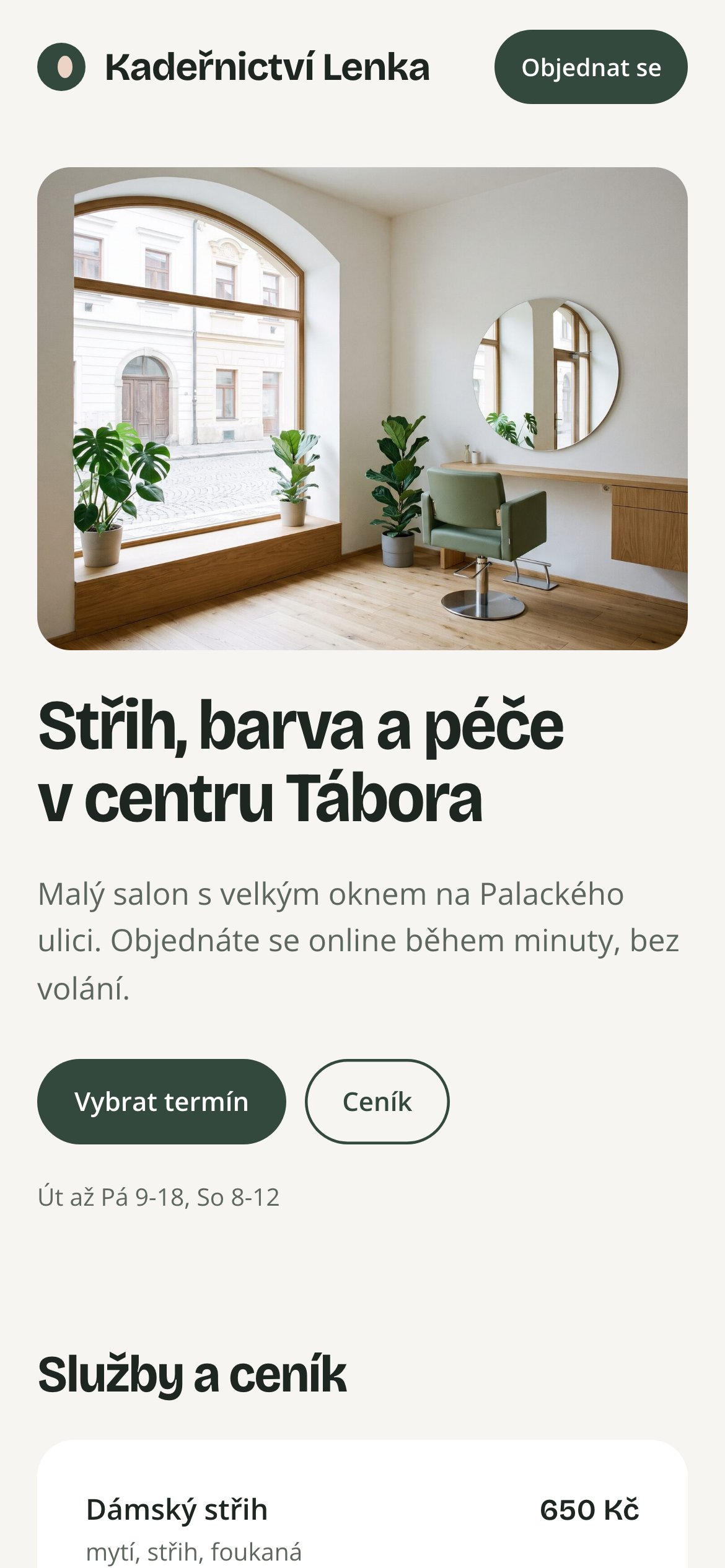 Hair salon website on a phone
